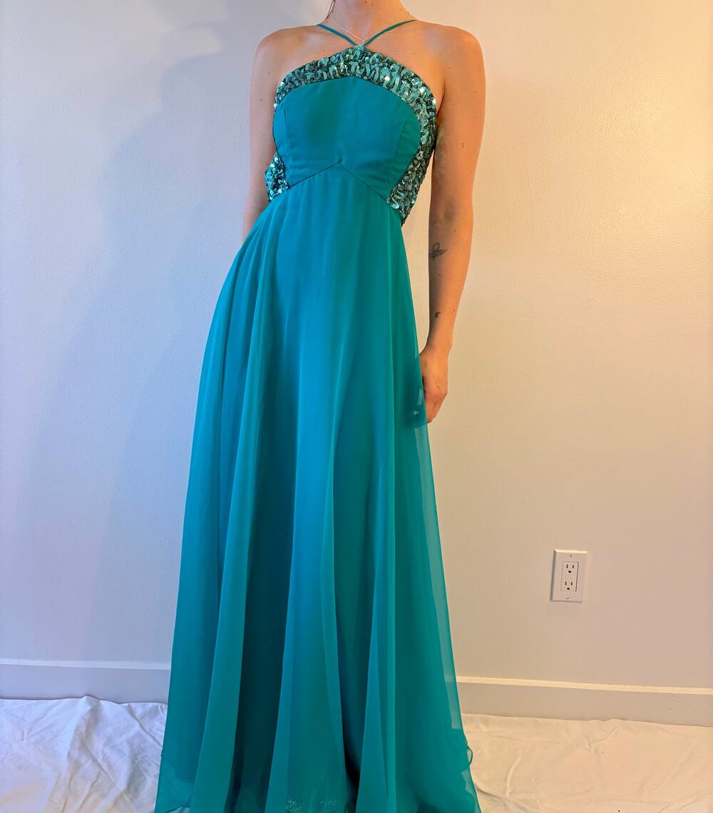 vintage 70s teal chiffon sequin gown